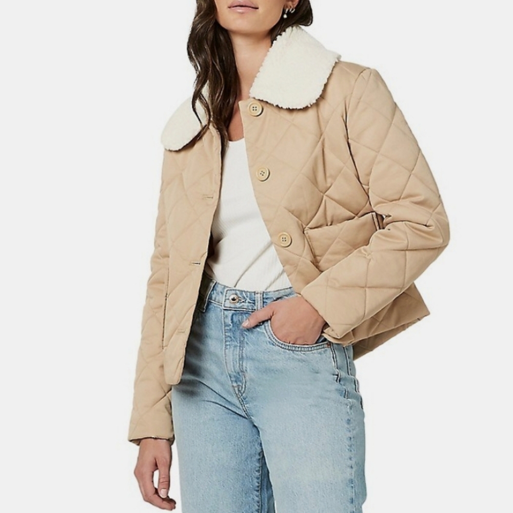 Buffalo Women's Clementine Beige Quilted Faux Shearling Button Up Jacket  XS